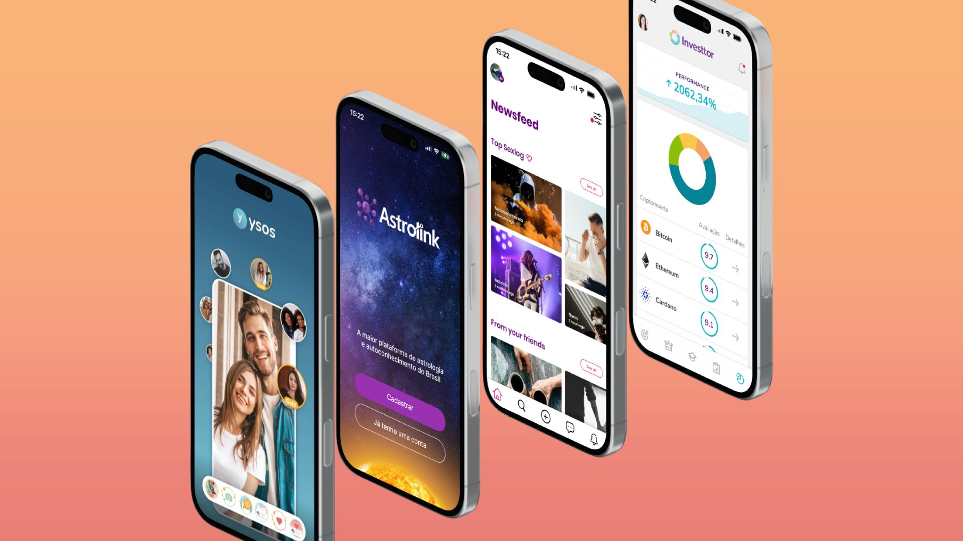 Four smartphones, each showing a different app from eSapiens' portfolio of B2C products.