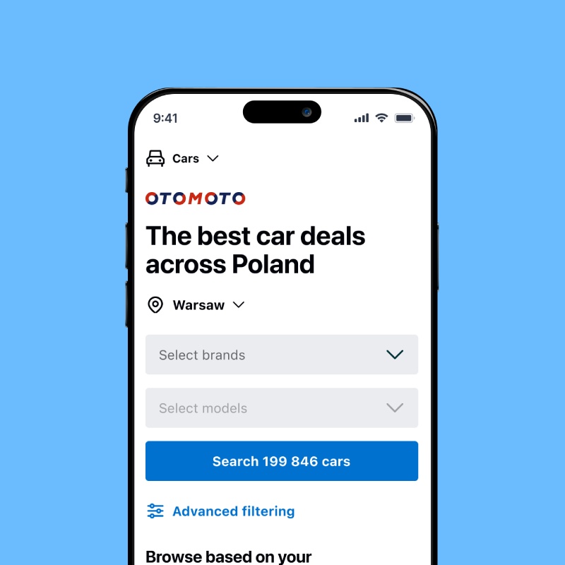 App screen of an autos marketplace's new homepage.