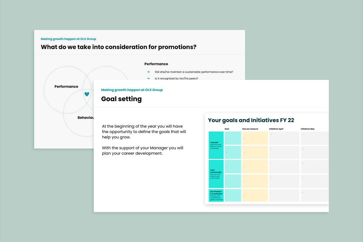 Montage of two presentation slides, one on top of the other, describing a person's yearly goals and personal strategy to achieve professional growth.